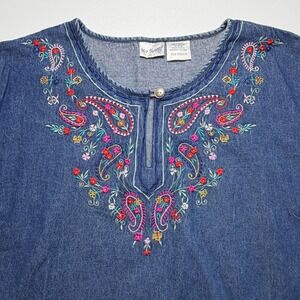 Two Twenty Womens XL Denim Embroidered Paisley Floral Boho Top Cottagecore
